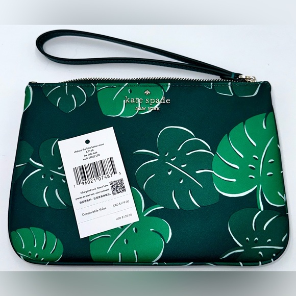 Kate Spade Chelsea The Little Better Monstera Leaves Nylon Wristlet Green NWT - Picture 3 of 16